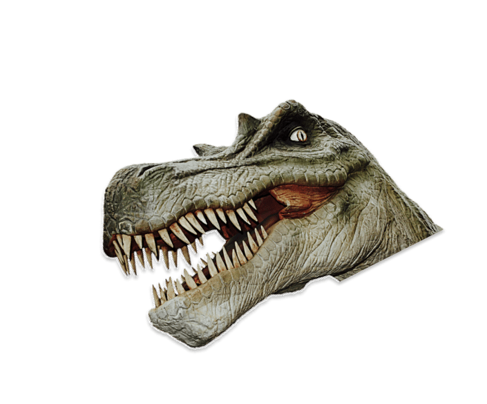 The head of a green dinosaur, it has got an wide open mouth and sharp teeth