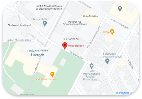 A map of Bergen city, a red marker points out Muséplassen, the location of the museum.
