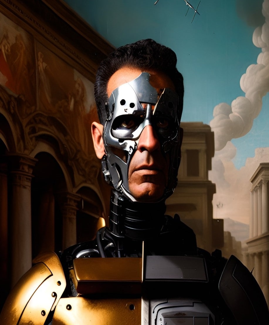 A picture of a human-looking robot. His face is half metal and half skin.