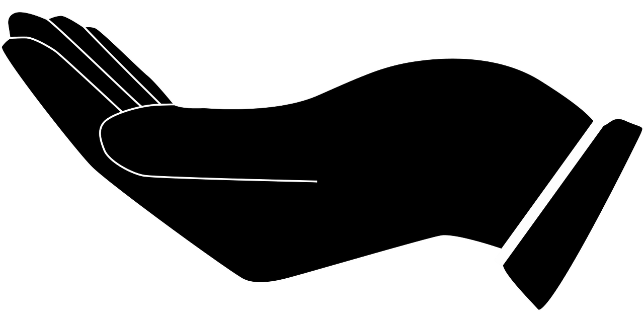 A stylized drawing in black and white of a hand, reaching out humbly and begging for something