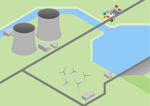 A drawing of a rural landscape with powerplants, windmills and a dam