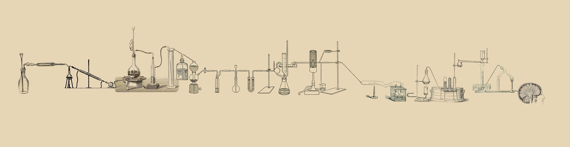 An old-looking drawing of lab gear that seems to connect to a human brain.